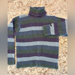 Vintage Columbia Women's Striped Turtleneck Sweater - Blue, Green, Purple.Small